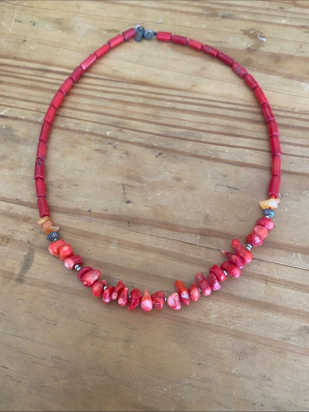 Red Coral Chip Necklace with Silver Accent Beads